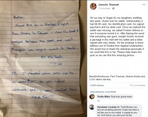 財布の持ち主のもとへ届けられた手紙（画像は『Jeannie Shamatt　2018年11月15日付Facebook「On our way to Vegas for my daughters wedding last week, Hunter lost his wallet.」』のスクリーンショット）
