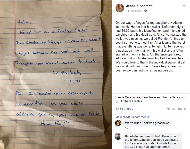 財布の持ち主のもとへ届けられた手紙（画像は『Jeannie Shamatt　2018年11月15日付Facebook「On our way to Vegas for my daughters wedding last week, Hunter lost his wallet.」』のスクリーンショット）