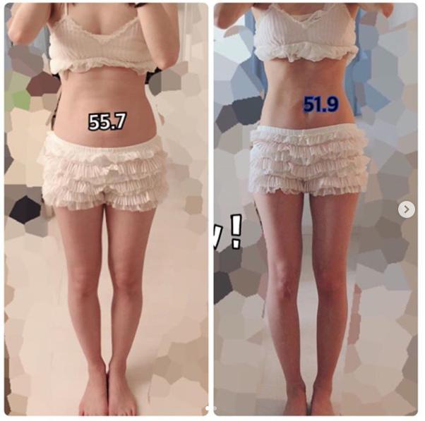 大家志津香ダイエット開始時（10月2日）と1か月後11月1日の体型（画像は『大家志津香　2018年11月1日付Instagram「なんとか、ぎり、51台に。笑」』のスクリーンショット）