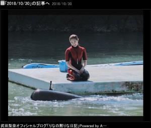 武田梨奈とクジラ（画像は『武田梨奈　2018年10月30日付オフィシャルブログ「2018/10/30」』のスクリーンショット）