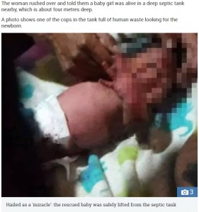 奇跡的に救出された赤ちゃん（画像は『The Sun　2018年11月1日付「DUMPED IN FAECES Newborn baby girl miraculously rescued alive from SEPTIC tank full of human waste after being dumped to die by evil mum」』のスクリーンショット）