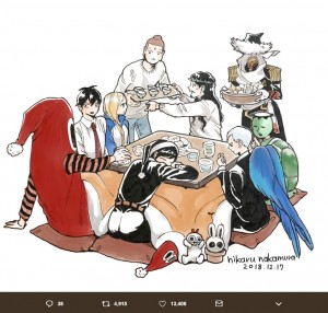中村光さん書き下ろしイラスト、キャラクターたちがコタツを囲む図（画像は『中村光　2018年12月17日付Twitter「中村光オフィシャルツイッター開始します！」』のスクリーンショット）