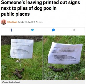 糞の横に置かれた怒りのメッセージ（画像は『Metro　2019年1月22日付「Someone’s leaving printed out signs next to piles of dog poo in public places」（Picture: Deadline News）』のスクリーンショット