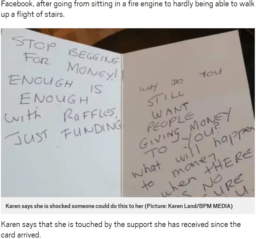 カレンさんに届いた心無いカード（画像は『Metro　2019年1月14日付「Mum with terminal cancer told to ‘stop begging for money’ in heartless card」（Picture: Karen Land/BPM MEDIA）』のスクリーンショット）