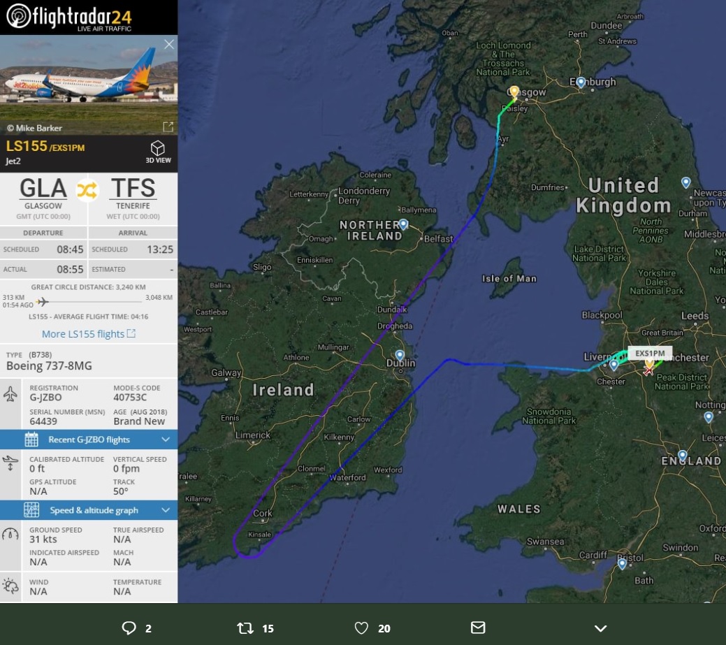 グラスゴーを発ったJet2.com機、アイルランドまで来て英マンチェスターへ逆戻り（画像は『Airport Webcams　2019年2月10日付Twitter「INCIDENT: Jet2 ＃LS155 Glasgow to Tenerife-South（Boeing 737-800 G-JZBO） turned back near Cork, Ireland and has just diverted to Manchester, followed by Fire Services on landing.」』のスクリーンショット）
