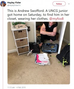 クローゼットの中から見つかった男（画像は『Hayley Fixler　2019年2月4日付Twitter「This is Andrew Swofford. A UNCG junior got home on Saturday, to find him in her closet, wearing her clothes.」』のスクリーンショット）
