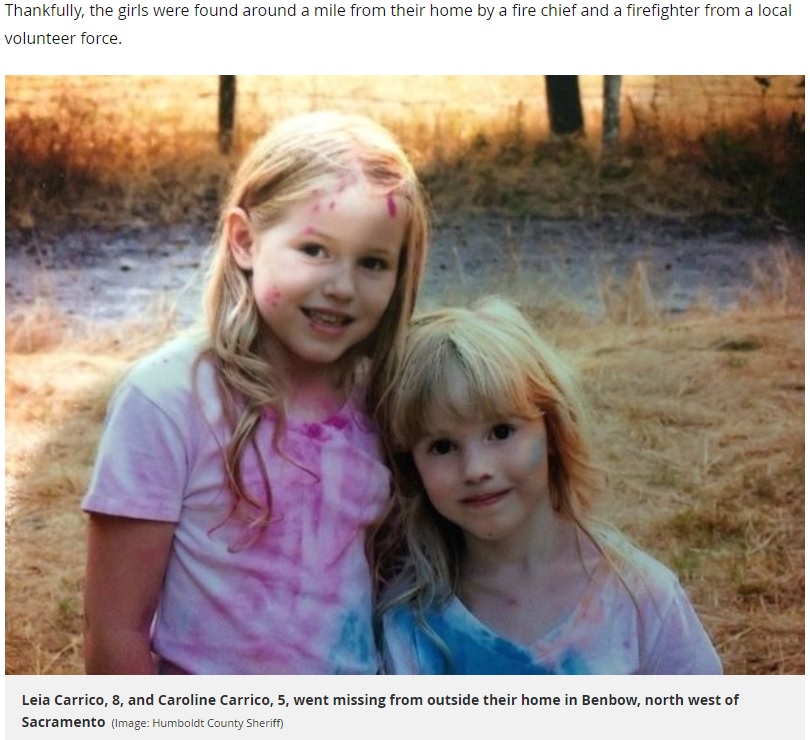 カリフォルニア州の森で44時間生き延びたレイアちゃんとキャロラインちゃん（画像は『Mirror　2019年3月4日付「Two sisters, 5 and 8, who vanished in woods found ALIVE thanks to survival skills」（Image: Humboldt County Sheriff）』のスクリーンショット）