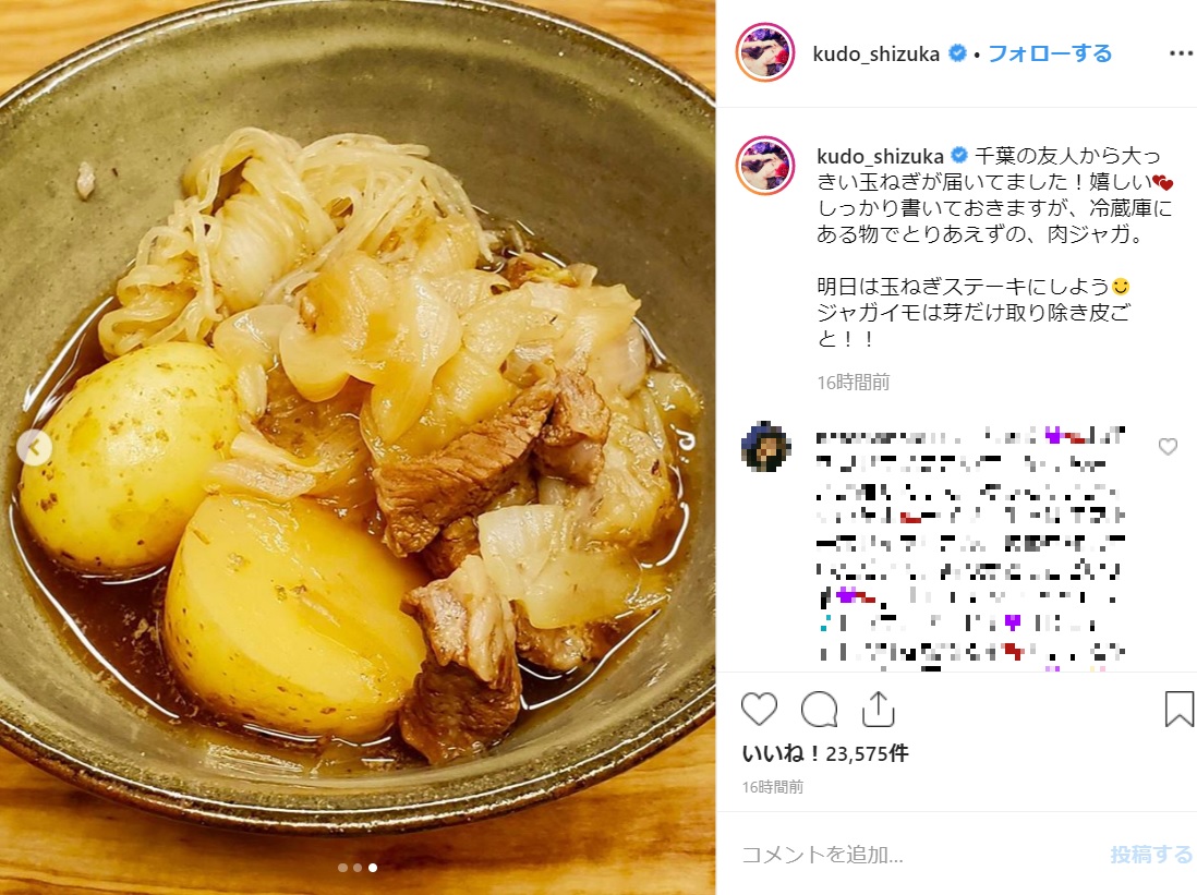 工藤静香お手製の肉じゃが（画像は『Kudo_shizuka　2019年5月30日付Instagram「千葉の友人から大っきい玉ねぎが届いてました！」』のスクリーンショット）