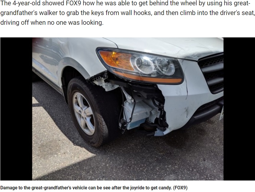 4歳児の運転により損傷したSUV（画像は『FOX 9　2019年6月14日付「Boy, 4, takes great-grandfather’s SUV on cruise for candy in Blaine, Minn.」』のスクリーンショット）