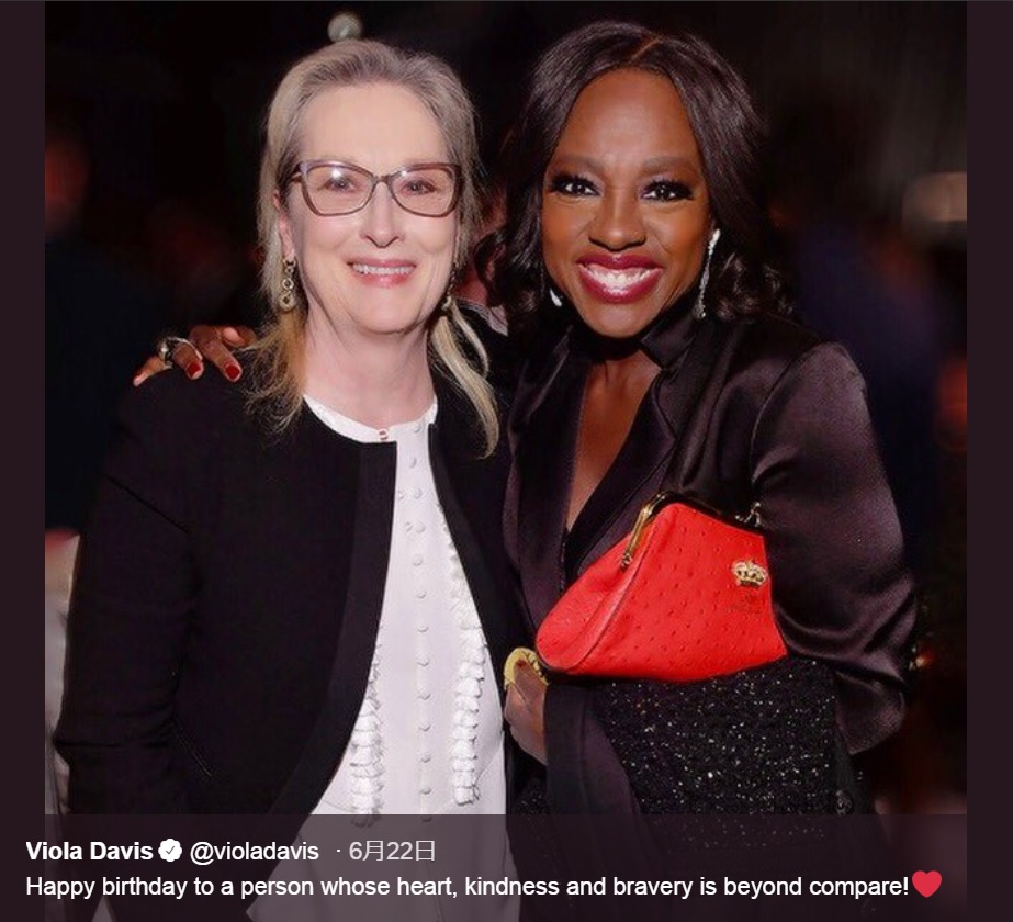 メリルとのツーショットに祝福メッセージを添えたヴィオラ・デイヴィス（画像は『Viola Davis　2019年6月22日付Twitter「Happy birthday to a person whose heart, kindness and bravery is beyond compare!」』のスクリーンショット）