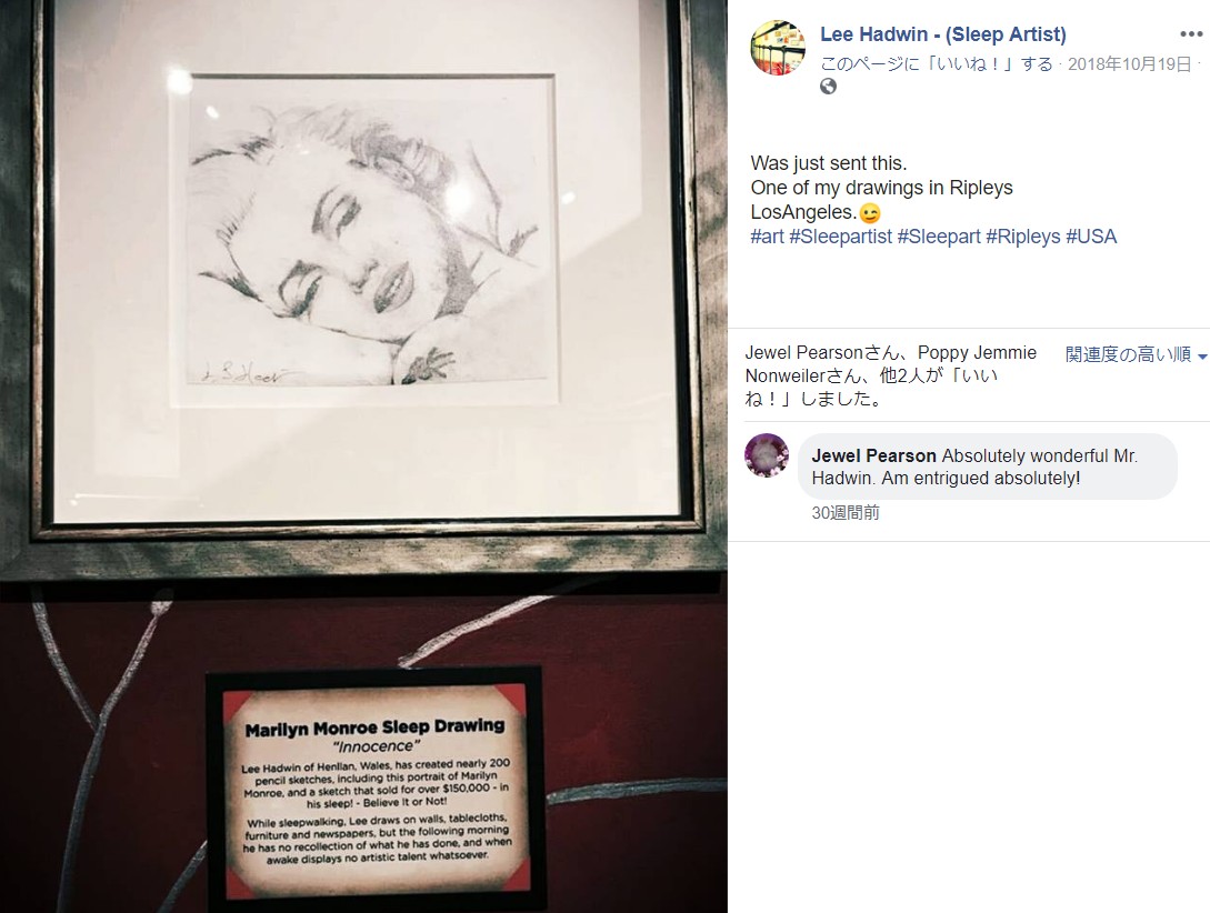 リーさんが描いたマリリン・モンローの肖像画（画像は『Lee Hadwin -（Sleep Artist）　2018年10月19日付Facebook「Was just sent this.」』のスクリーンショット）