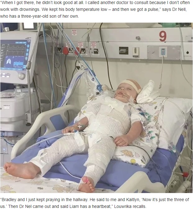 病院で人工的な昏睡状態に置かれていたリアム君（画像は『Health24　2019年7月16日付「3-year-old Gauteng toddler’s miraculous recovery after heart stops for 20 minutes」』のスクリーンショット）