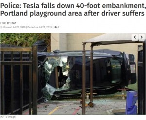フロントガラスに大きな穴が開いたテスラ車（画像は『FOX 12 Oregon　2019年7月22日付「Police: Tesla falls down 40-foot embankment, crashes in SW Portland playground area after driver suffers medical event」（KPTV　image）』のスクリーンショット）