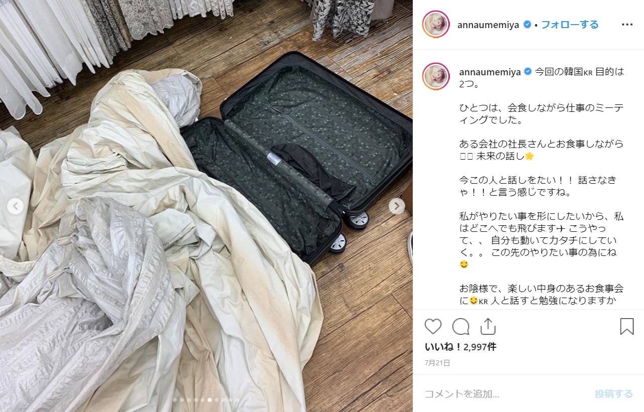 使用中のカーテンを韓国に持ち込むことから始めた梅宮アンナ（画像は『Anna Umemiya　2019年7月21日付Instagram「今回の韓国 目的は2つ。」』のスクリーンショット）
