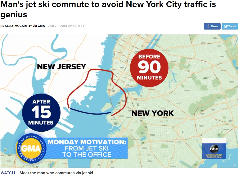 90分の通勤が15分に（画像は『ABC News　2019年8月26日付「Man’s jet ski commute to avoid New York City traffic is genius」』のスクリーンショット）