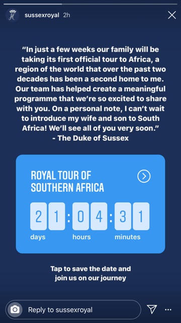 アフリカ公式訪問のカウントダウン（画像は『The Duke and Duchess of Sussex　2019年9月1日付Instagram』のスクリーンショット）