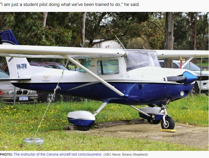 マックスさんが操縦していたセスナ機（画像は『ABC News　2019年9月2日付「Emergency landing pilot Max Sylvester says ‘study’ saved his life after instructor collapsed」（ABC News: Briana Shepherd）』のスクリーンショット）