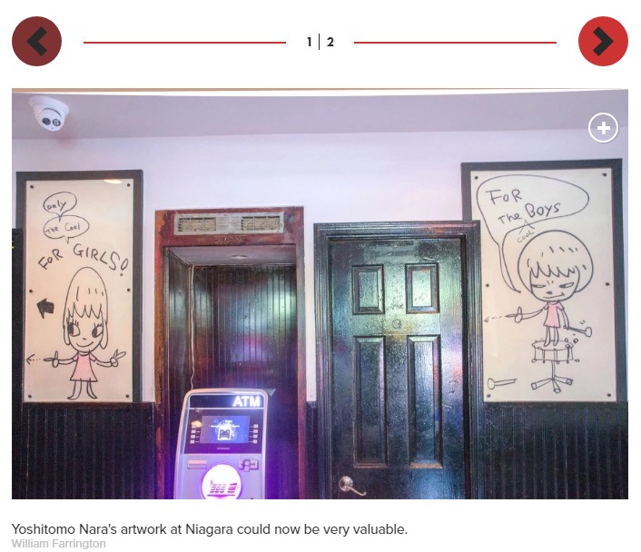 バー「ナイアガラ」で誰でも鑑賞できるようになっている奈良美智氏の落書き（画像は『New York Post　2019年10月10日付「Yoshitomo Nara’s decade-old doodles at East Village dive bar could be worth millions」（William Farrington）』のスクリーンショット）