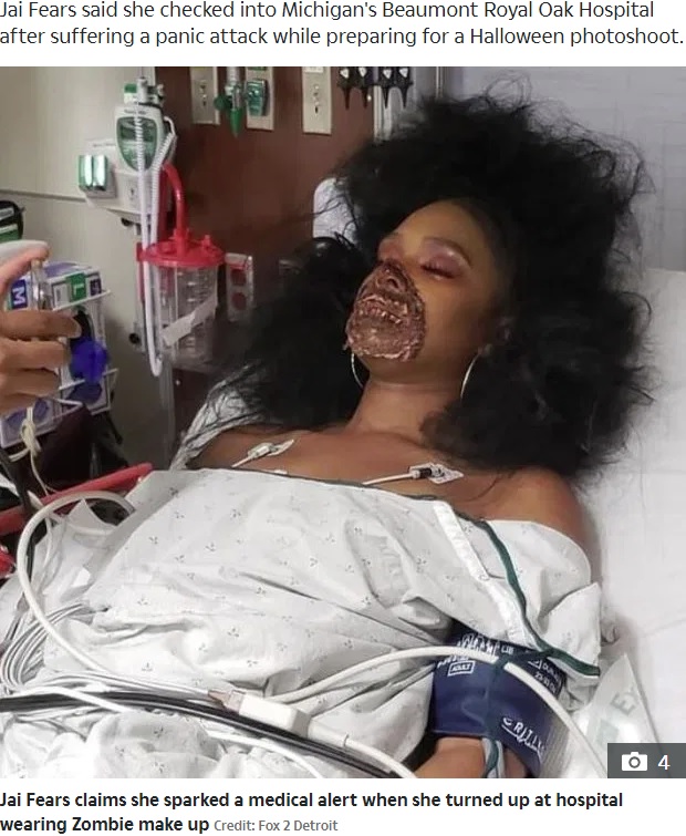 病院で治療を受けるジェイ・フィアースさん（画像は『The Sun　2019年10月3日付「WALK-IN DEAD Dancer’s zombie Halloween makeup so realistic she ‘sparked full hospital emergency when doctors thought she was horrifically injured’」（Credit: Fox 2 Detroit）』のスクリーンショット）
