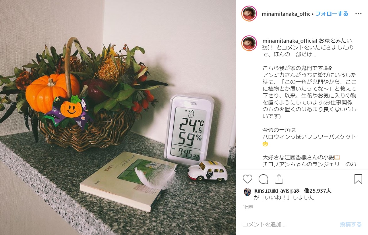 自宅の一部を公開した田中みな実（画像は『田中みな実1st写真集【公式】　2019年10月28日付Instagram「お家をみたい！ とコメントをいただきましたので、ほんの一部だけ…」』のスクリーンショット）