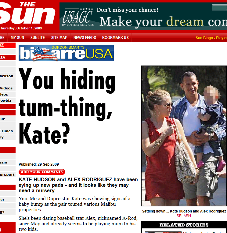 英大衆紙「Sun」はこの他に横向きの写真も掲載。熱愛のふたりに早くも赤ちゃんか。