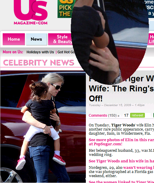 米芸能誌「Us Weekly」も掲載。タイガー・ウッズの妻エリンさんの左手薬指に指輪はない。