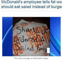 【海外発！Breaking News】米・マクドナルドの店員、女性客のチーズバーガーの包装紙に「デブはサラダを注文すべき」
