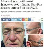 【海外発！Breaking News】顔に仰天の「メガネ」タトゥー。まるで英国版『ハングオーバー！』事件。