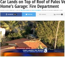 【海外発！Breaking News】ロス郊外の高級住宅地で珍事発生！　車が屋根に飛び乗る