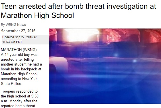 ニューヨーク州で学校に爆破予告、14歳男子生徒を逮捕（出典：http://www.wbng.com）