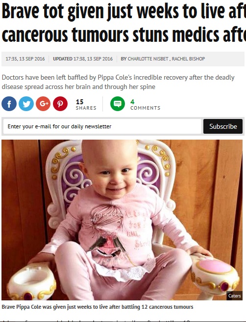 脳腫瘍から奇跡の回復をした女児（出典：http://www.mirror.co.uk）