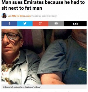 【海外発！Breaking News】肥満男性の隣に座った弁護士　「機内での旅を台無しにされた」と航空会社を提訴（伊）