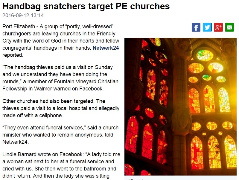 南アフリカで教会参列者の置き引き被害が多発（出典：http://www.news24.com）