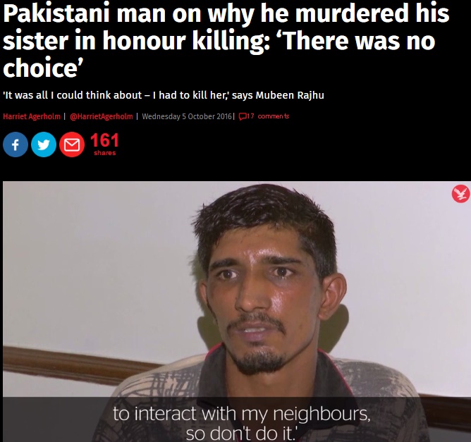 パキスタンで18歳妹を殺した兄が名誉殺人を主張（出典：http://www.independent.co.uk）