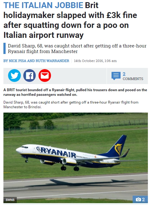 男の乗客、飛行機を降りた途端に下着をおろして排便（出典：https://www.thesun.co.uk）