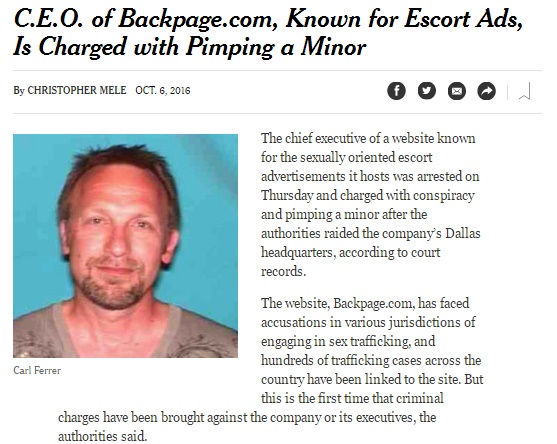 「Backpage」のCEO、性的人身売買の手助けをしたとして逮捕（出典：http://www.nytimes.com）