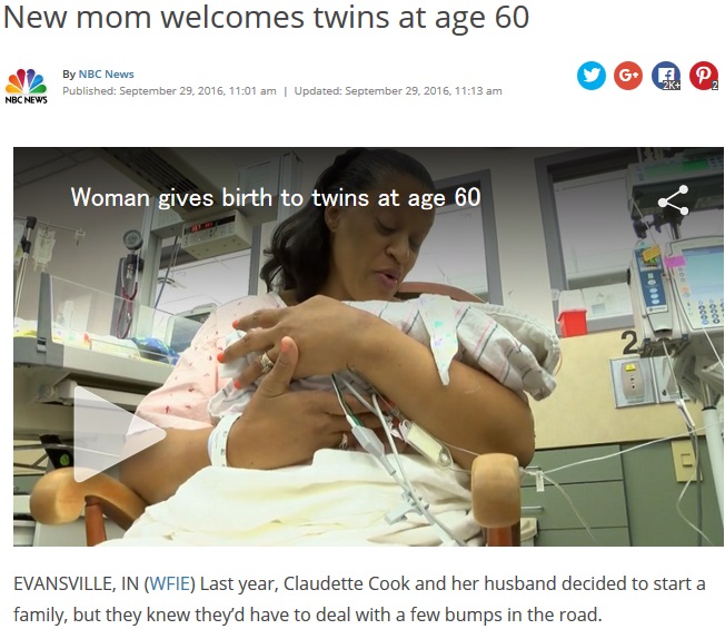 IVF治療後60歳で初出産した女性（出典：http://nbc4i.com）
