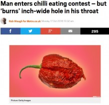 【海外発！Breaking News】世界で2番目に辛いチリを食べた男性　食道に2.5cmの穴（米）