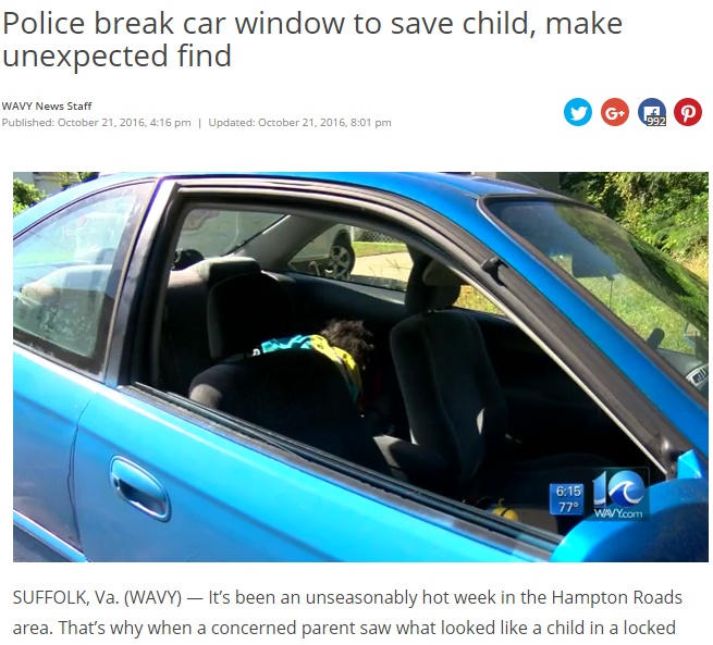 警察官が車のウィンドウを叩き割る。後部座席に赤ちゃん放置と勘違い（出典：http://wavy.com）