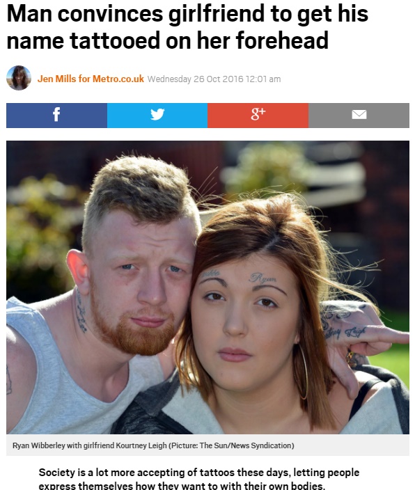 彼氏の名前をタトゥーにして眉毛の上に…はアリ？（出典：http://metro.co.uk）