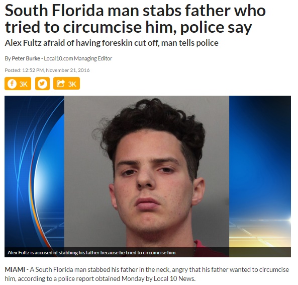 フロリダ州の20歳息子が父親を刺す「割礼してやる」と言われて（出典：http://www.local10.com）