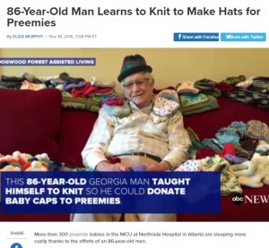 【海外発！Breaking News】「未熟児を温めたい」　86歳の優しいおじいちゃん、ニット帽を編む日々（米）