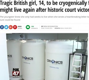【海外発！Breaking News】ガンで亡くなった英14歳少女　米で冷凍保存　「いつか私は生き返る」