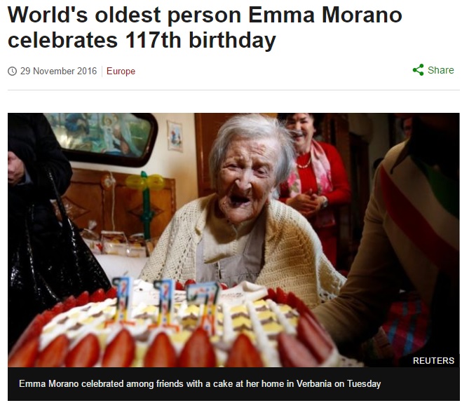 117歳の誕生日を迎えた女性（出典：http://www.bbc.com）