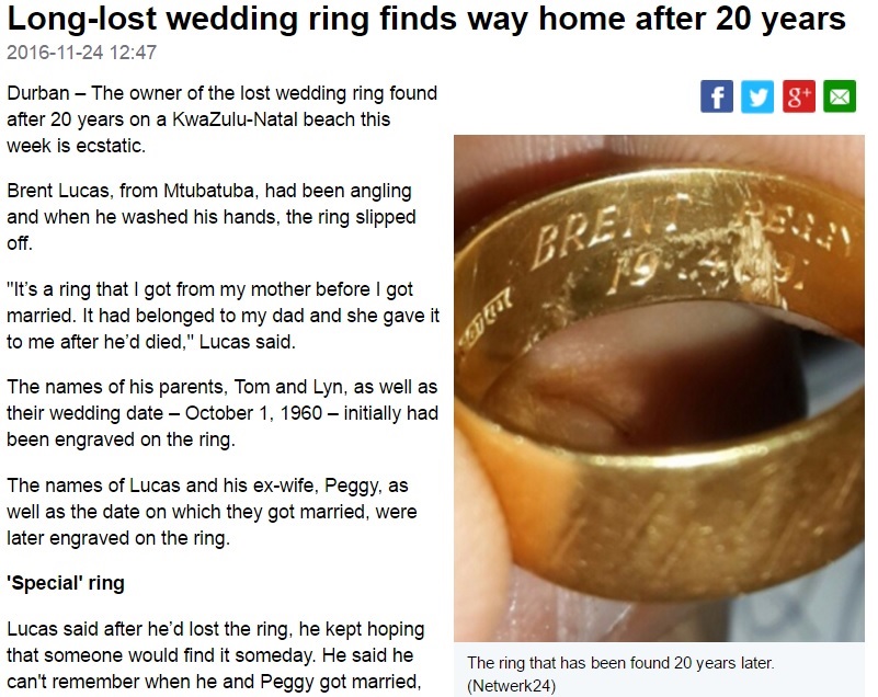 父親の形見でもある指輪、20年ぶりに見つかる（出典：http://www.news24.com）