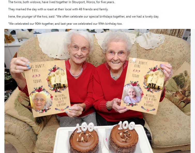 イギリスで双子の姉妹が100歳の誕生日を迎える（出典：https://www.thesun.co.uk）