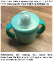 【海外発！Breaking News】自閉症の少年のため製造会社が一肌脱ぐ　生産中止のカップを500個作ると約束（英）