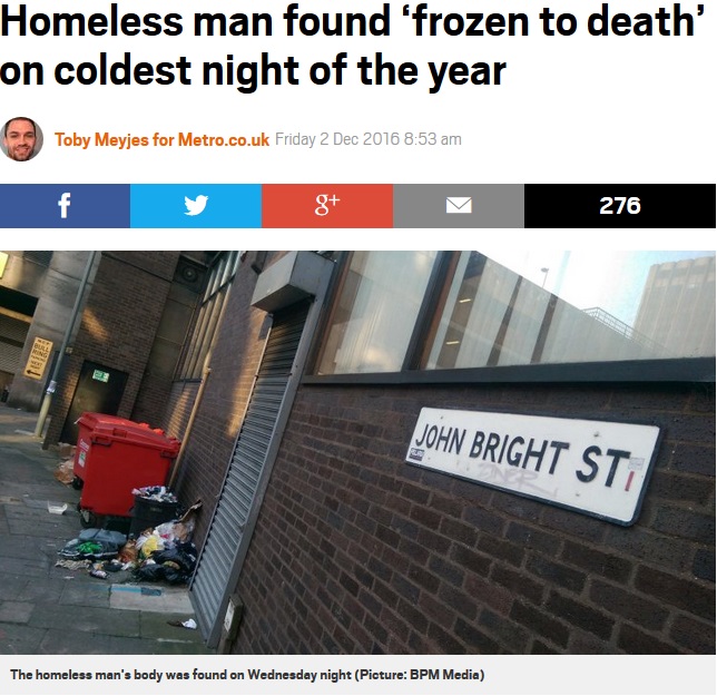 氷点下の気温でホームレス凍死（出典：http://metro.co.uk）