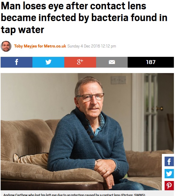 コンタクト使用でバクテリア感染、失明した男性（出典：http://metro.co.uk）