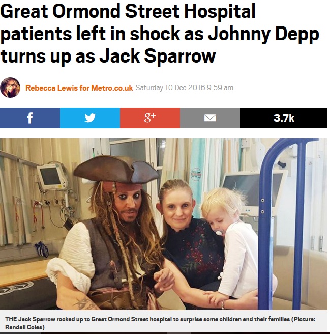 入院中の子供たちをサプライズ訪問したジョニー・デップ（http://metro.co.uk）